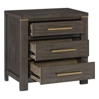 Carie 29 Inch Nightstand, 3 Drawers, Gold Accent Handles, Brown Gray Wood - BM313590