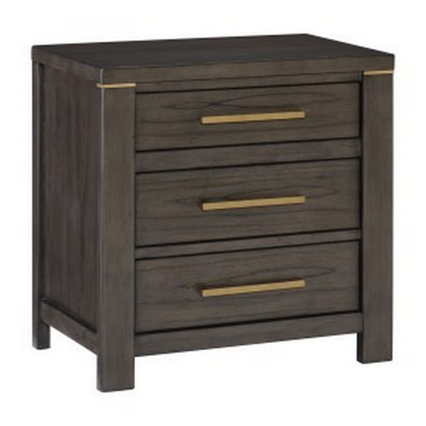 Carie 29 Inch Nightstand, 3 Drawers, Gold Accent Handles, Brown Gray Wood - BM313590