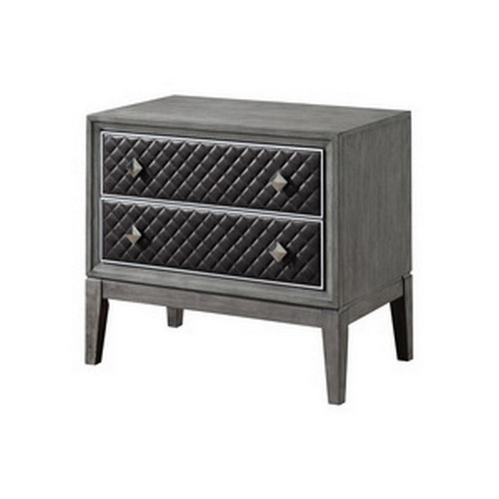 Stacy 29 Inch Nightstand, 2 Faux Leather Upholstered Drawers, Gray Wood - BM313593