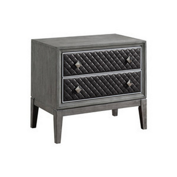 Stacy 29 Inch Nightstand, 2 Faux Leather Upholstered Drawers, Gray Wood - BM313593