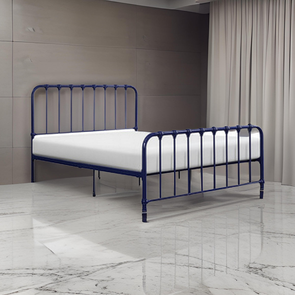 Ethan Queen Size Bed, Classic Open Slatted Metal Frame Design, Blue - BM313596