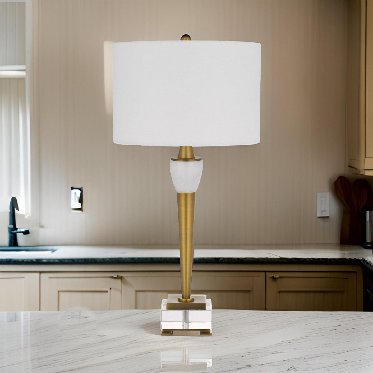 31 Inch Table Lamp with White Drum Shade, Clear Crystal Base, Brass Finish - BM313621