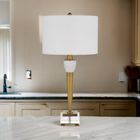 31 Inch Table Lamp with White Drum Shade, Clear Crystal Base, Brass Finish - BM313621