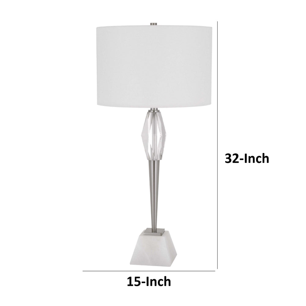 32 Inch Table Lamp with White Drum Shade, Marble Base, Brushed Steel - BM313622