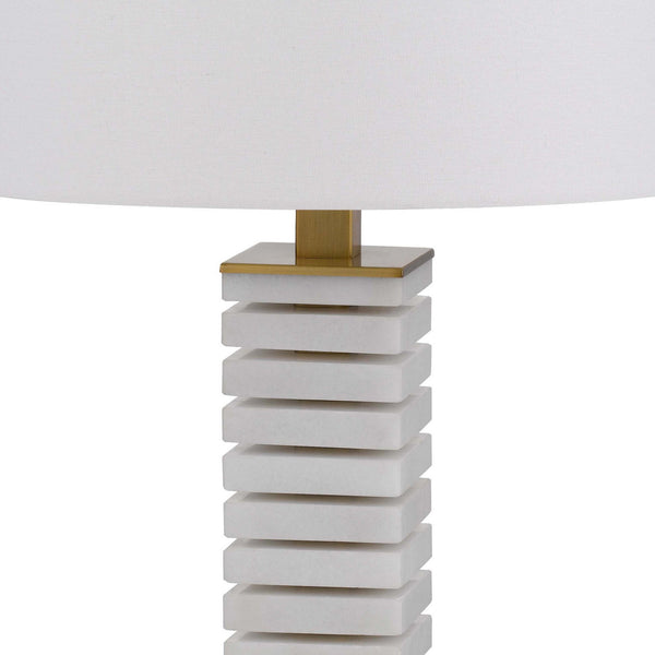 28 Inch Table Lamp, White Drum Hardback, Marble and Antique Brass Finish - BM313624