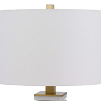 28 Inch Table Lamp, White Drum Hardback, Marble and Antique Brass Finish - BM313624