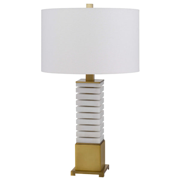 28 Inch Table Lamp, White Drum Hardback, Marble and Antique Brass Finish - BM313624