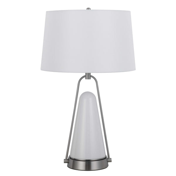 29 Inch Table Lamp, LED Lit, White Drum Hardback, Silver Metal and Glass - BM313627