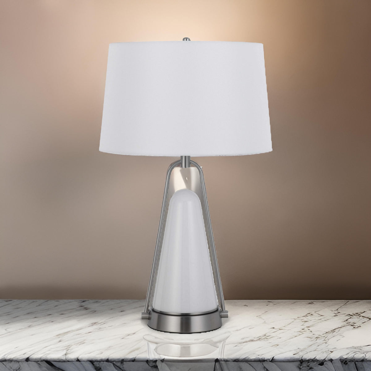 29 Inch Table Lamp, LED Lit, White Drum Hardback, Silver Metal and Glass - BM313627