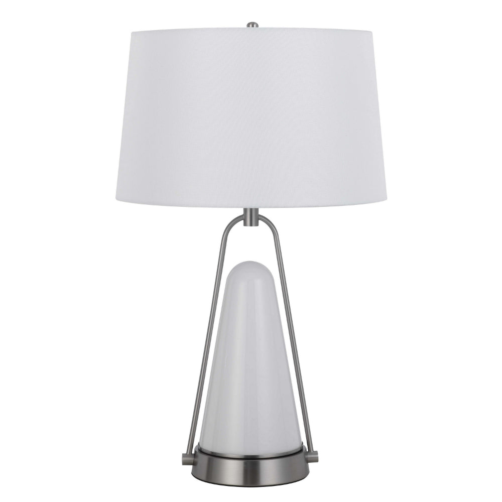 29 Inch Table Lamp, LED Lit, White Drum Hardback, Silver Metal and Glass - BM313627