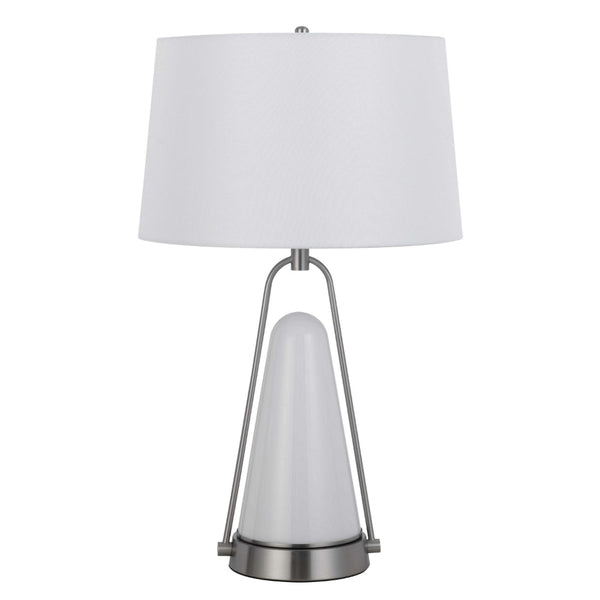 29 Inch Table Lamp, LED Lit, White Drum Hardback, Silver Metal and Glass - BM313627