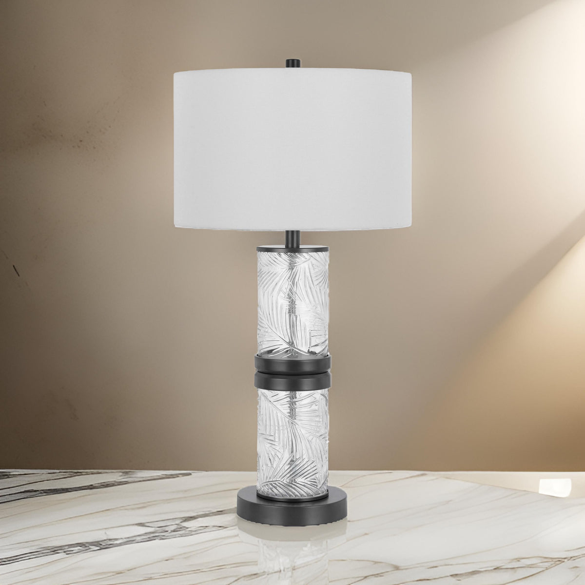 Hem 31 Inch Table Lamp with Drum Hardback, LED, Leafy Glass, Gray Metal - BM313631