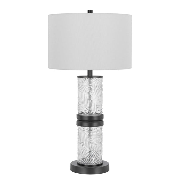 Hem 31 Inch Table Lamp with Drum Hardback, LED, Leafy Glass, Gray Metal - BM313631