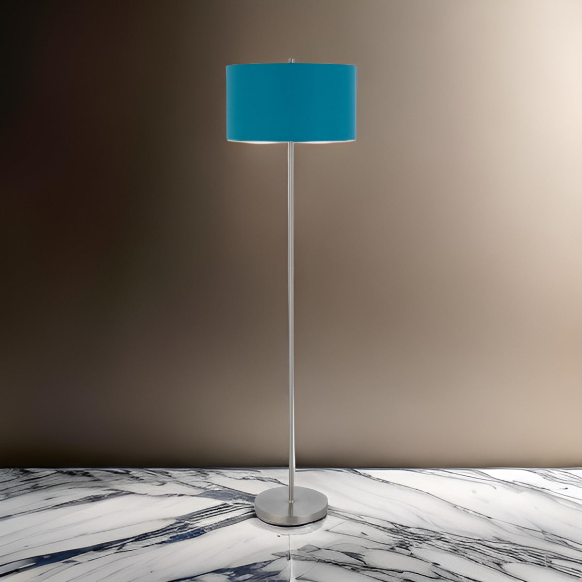 Sie 59 Inch Floor Lamp, Aqua Blue Linen Shade, Round Base, Silver Metal - BM313634