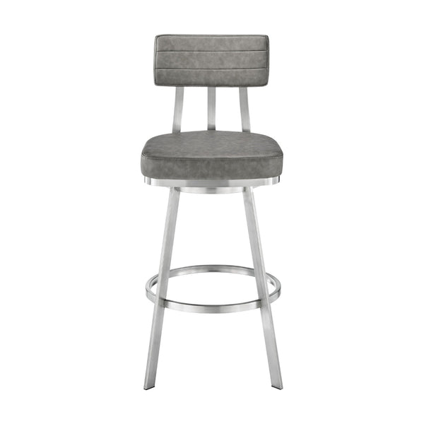 Poni 26 Inch Swivel Counter Stool Chair, Cushioned Seat, Gray Faux Leather - BM313637