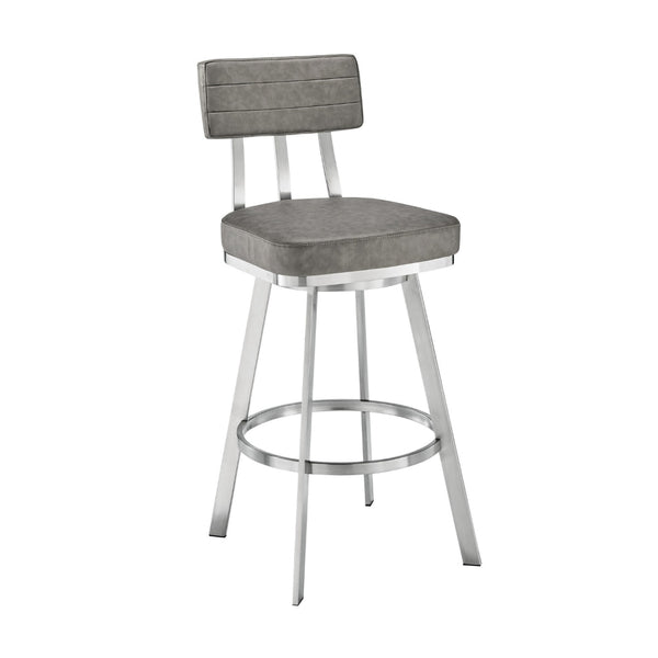 Poni 26 Inch Swivel Counter Stool Chair, Cushioned Seat, Gray Faux Leather - BM313637