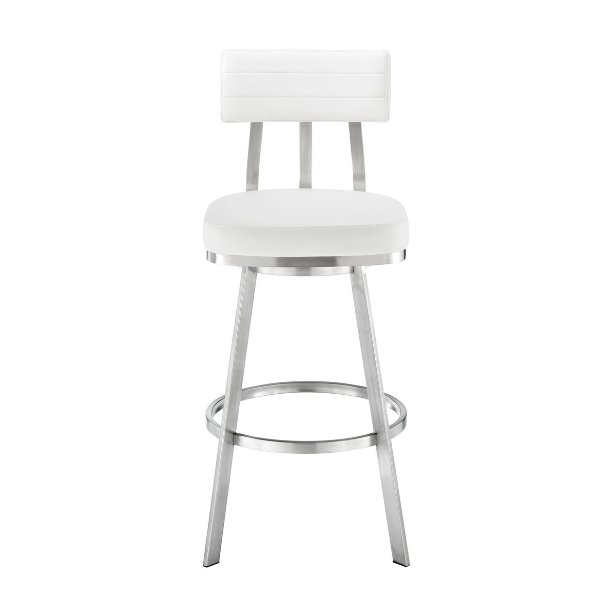 Poni 26 Inch Swivel Counter Stool Chair, Cushioned Seat, White Faux Leather - BM313638