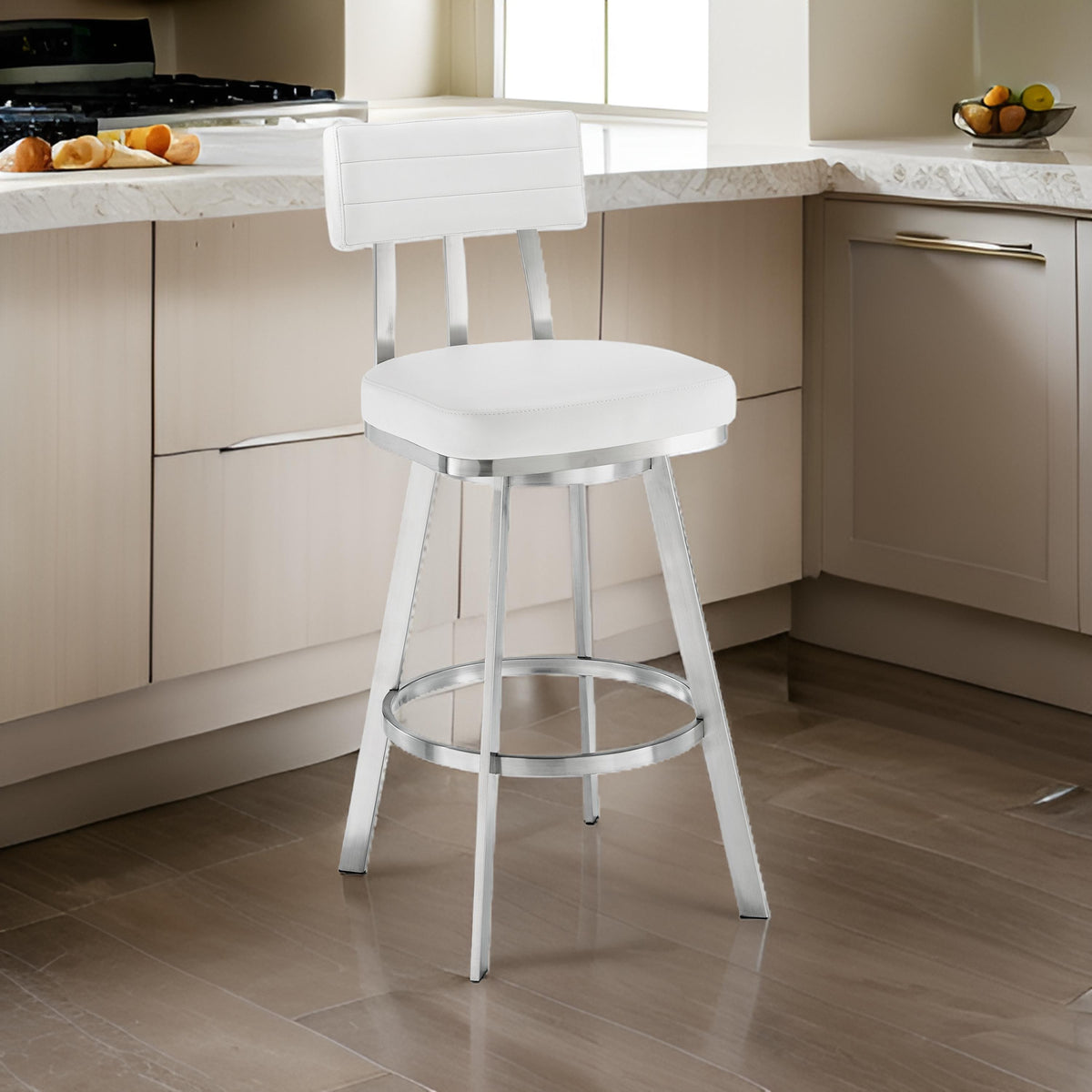 Poni 26 Inch Swivel Counter Stool Chair, Cushioned Seat, White Faux Leather - BM313638