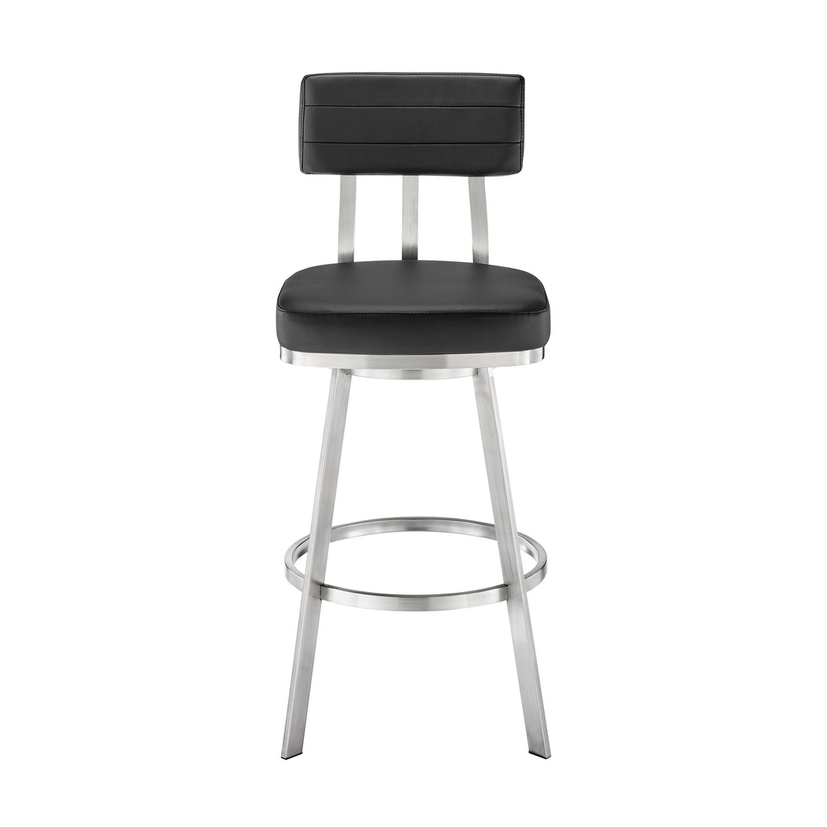 Poni 30 Inch Swivel Barstool Chair, Cushioned Seating, Black Faux Leather - BM313639