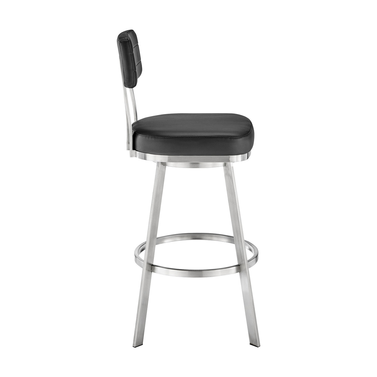 Poni 30 Inch Swivel Barstool Chair, Cushioned Seating, Black Faux Leather - BM313639