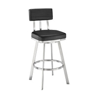 Poni 30 Inch Swivel Barstool Chair, Cushioned Seating, Black Faux Leather - BM313639