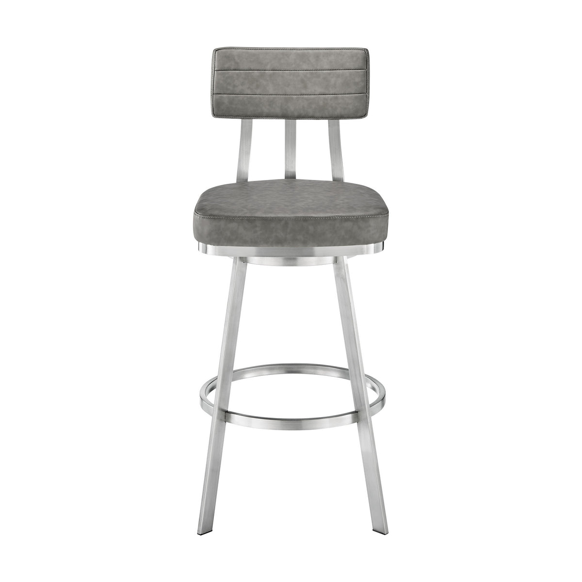 Poni 30 Inch Swivel Barstool Chair, Cushioned Seating, Gray Faux Leather - BM313640