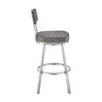 Poni 30 Inch Swivel Barstool Chair, Cushioned Seating, Gray Faux Leather - BM313640