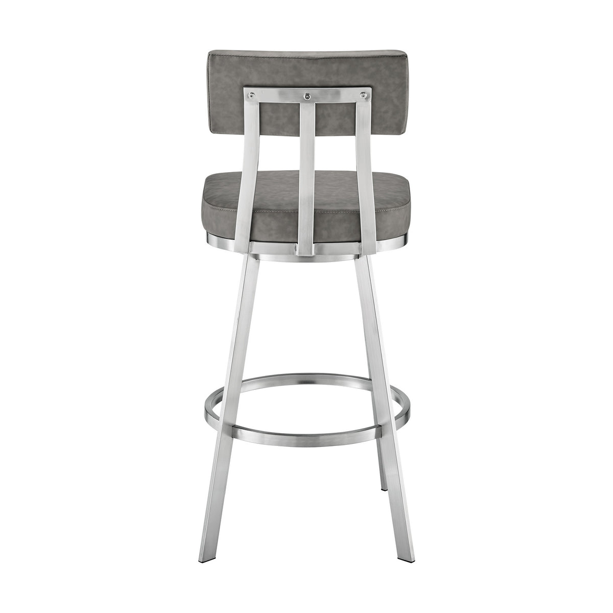 Poni 30 Inch Swivel Barstool Chair, Cushioned Seating, Gray Faux Leather - BM313640