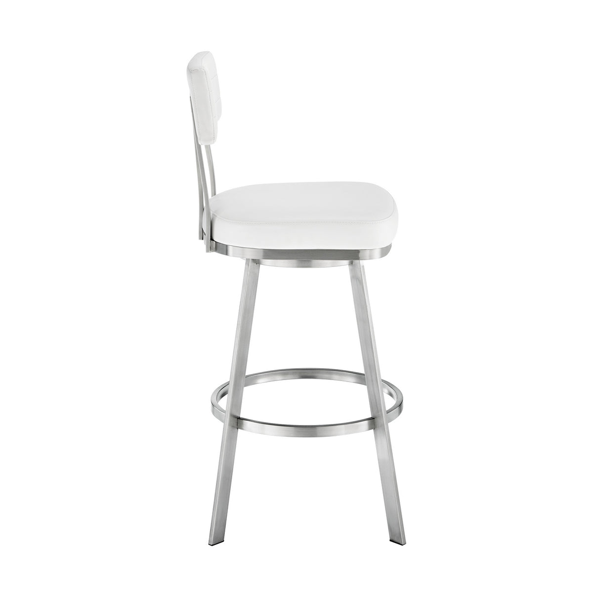 Poni 30 Inch Swivel Barstool Chair, Cushioned Seating, White Faux Leather - BM313641