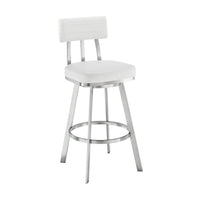 Poni 30 Inch Swivel Barstool Chair, Cushioned Seating, White Faux Leather - BM313641