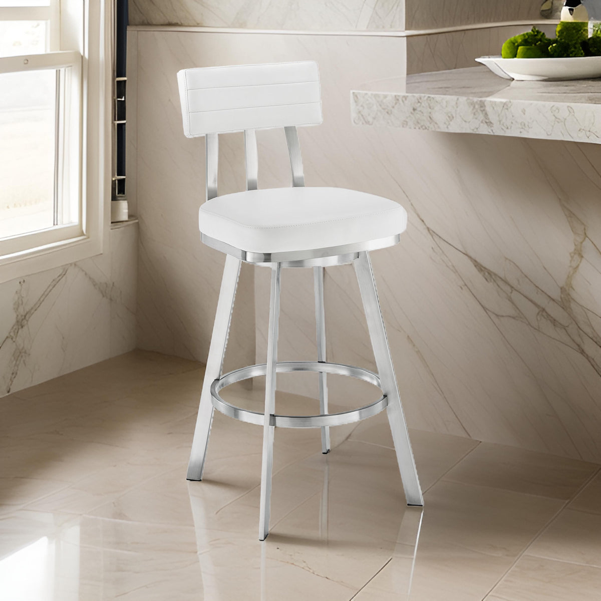 Poni 30 Inch Swivel Barstool Chair, Cushioned Seating, White Faux Leather - BM313641