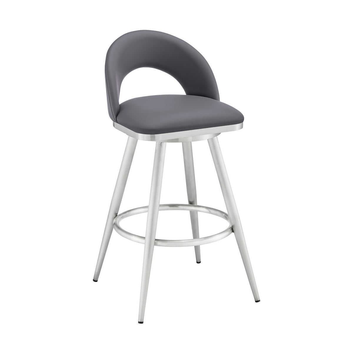 Visy 26 Inch Swivel Counter Stool Chair, Round Back, Gray Faux Leather - BM313643