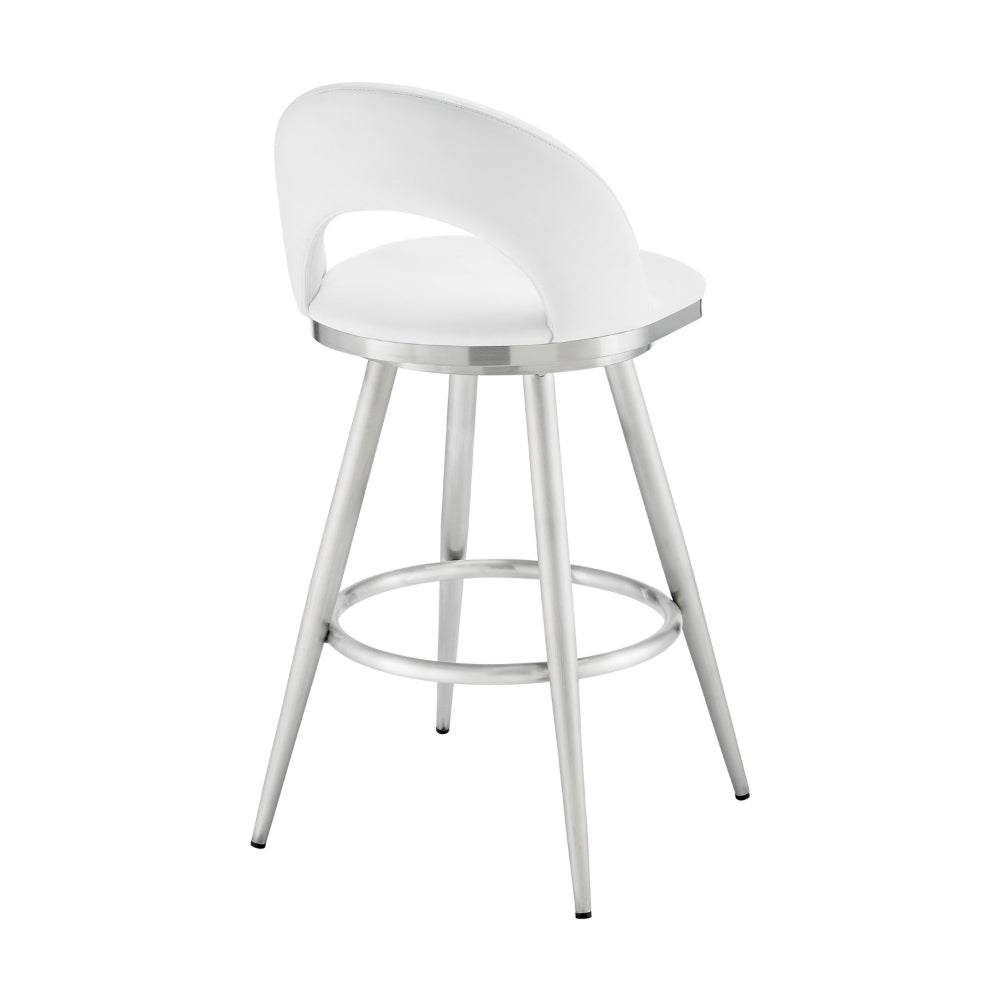 Visy 26 Inch Swivel Counter Stool Chair, Round Back, White Faux Leather - BM313644