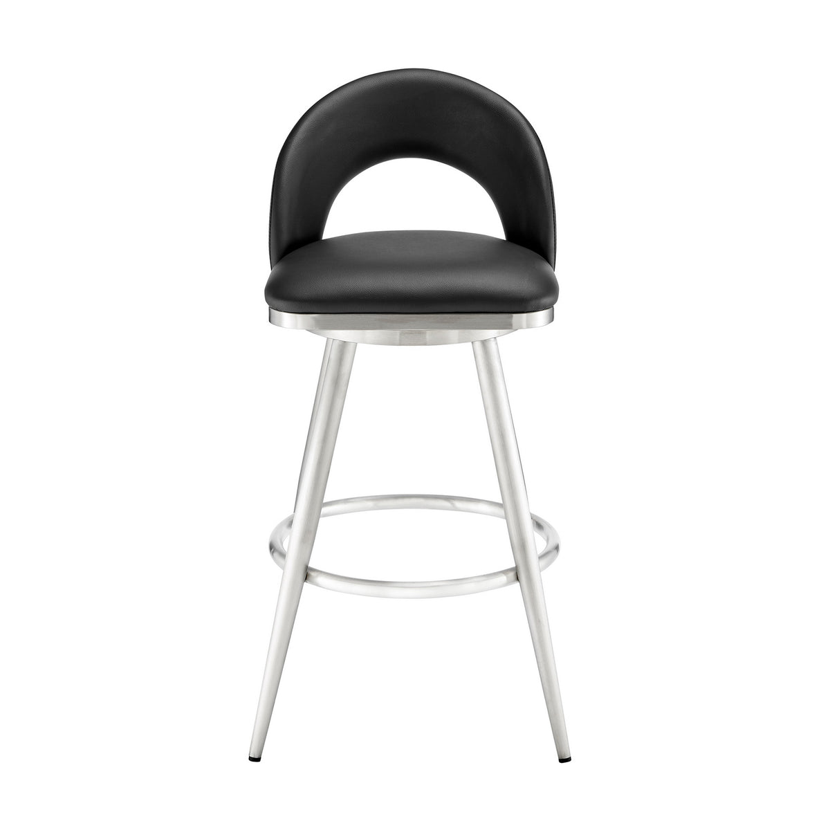 Visy 30 Inch Swivel Barstool Chair, Round Open Back, Black Faux Leather - BM313645