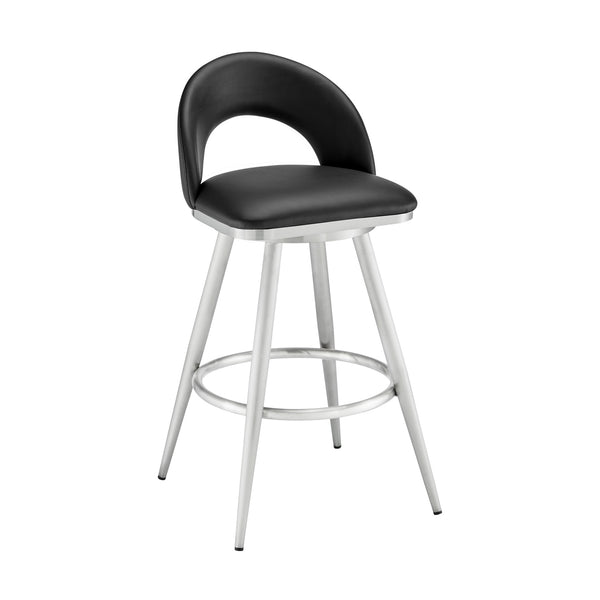 Visy 30 Inch Swivel Barstool Chair, Round Open Back, Black Faux Leather - BM313645