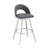 Visy 30 Inch Swivel Barstool Chair, Round Open Back, Gray Faux Leather - BM313646