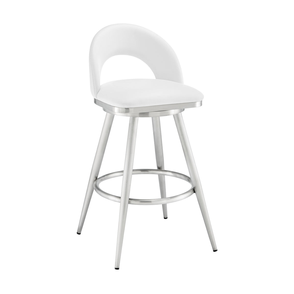 Visy 30 Inch Swivel Barstool Chair, Round Open Back, White Faux Leather - BM313647