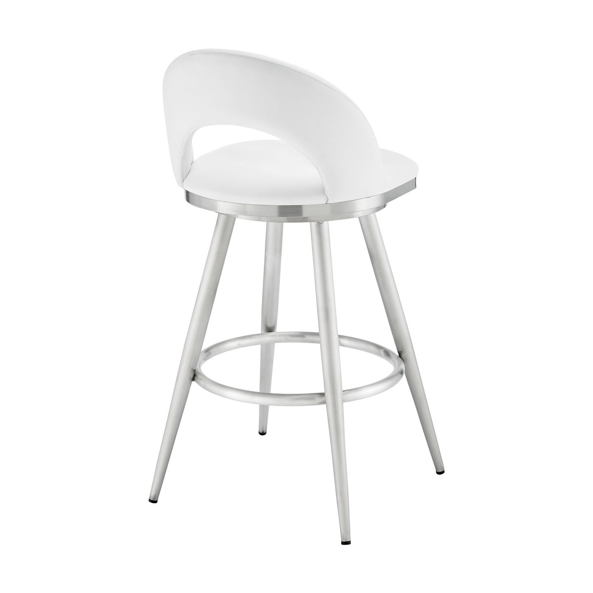 Visy 30 Inch Swivel Barstool Chair, Round Open Back, White Faux Leather - BM313647