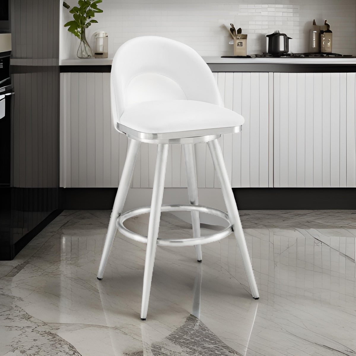 Visy 30 Inch Swivel Barstool Chair, Round Open Back, White Faux Leather - BM313647