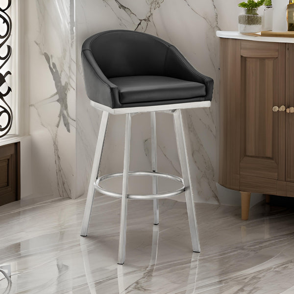 Dalza 30 Inch Swivel Barstool Chair, Open Back, Soft Black Faux Leather - BM313649