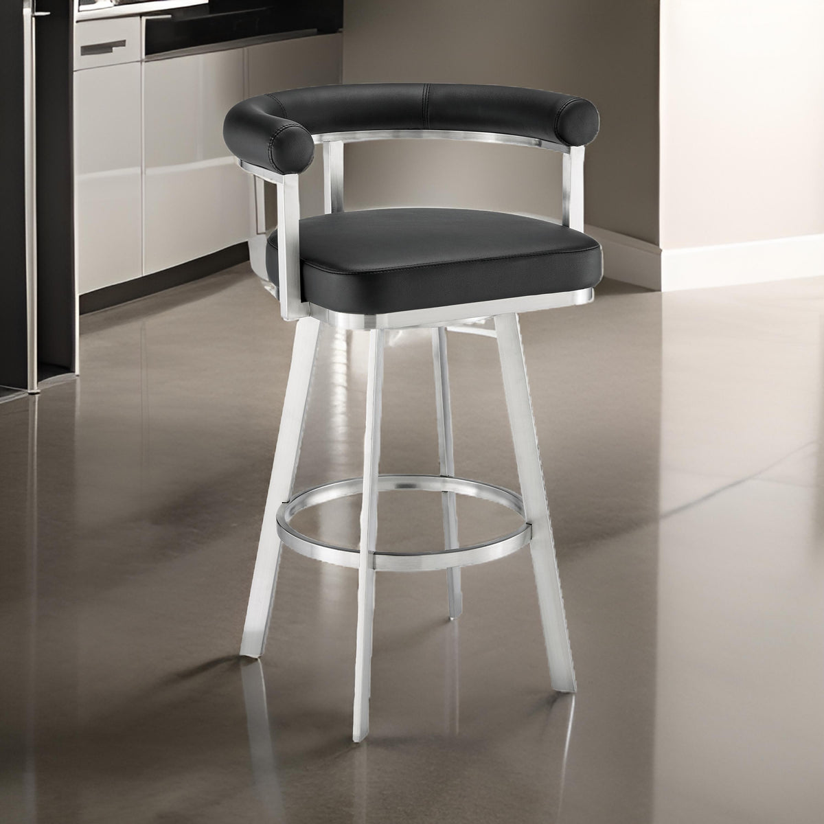 Weni 30 Inch Swivel Barstool Chair, Barrel Open Back, Black, Steel Frame - BM313661