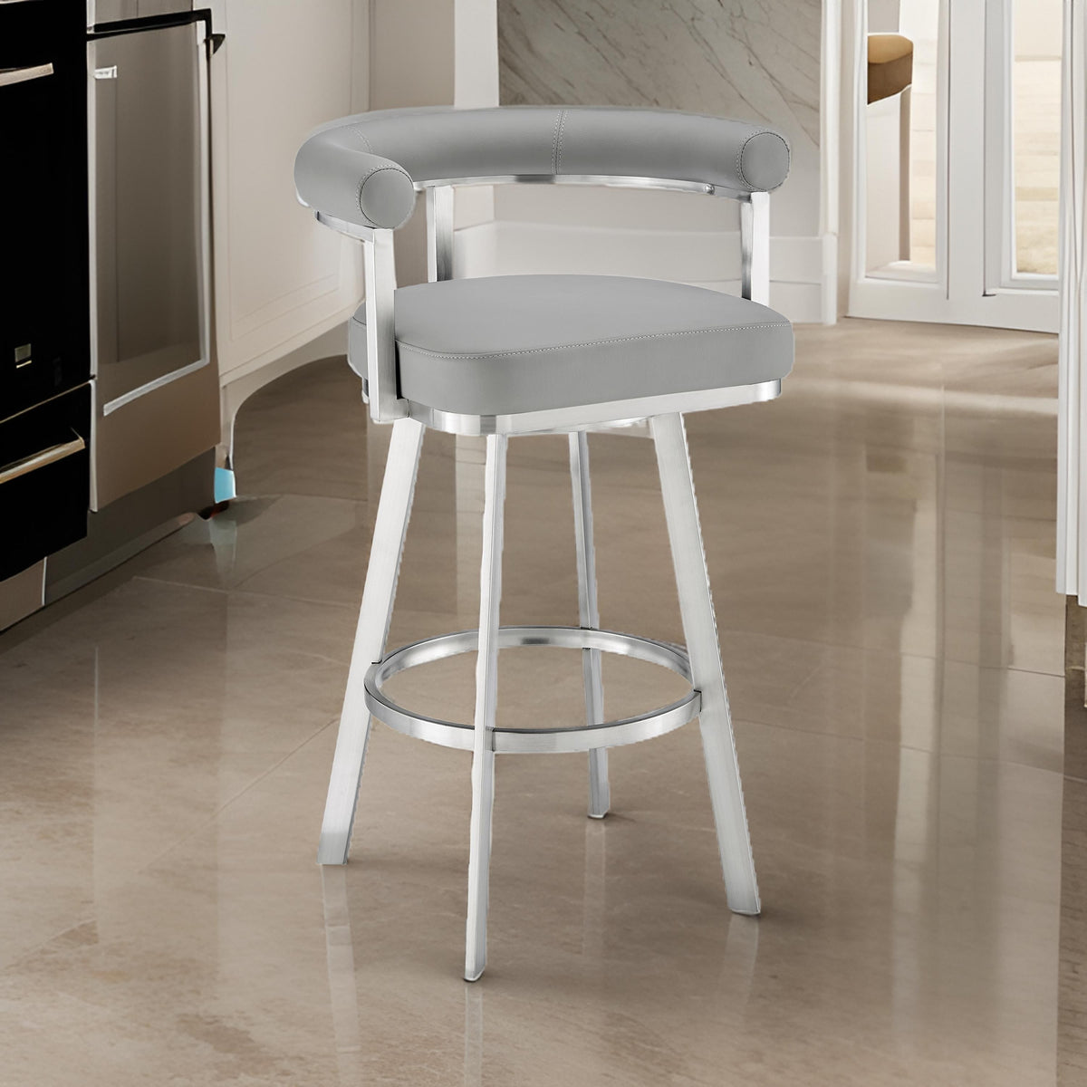 Weni 30 Inch Swivel Barstool Chair, Barrel Open Back, Light Gray, Steel - BM313662