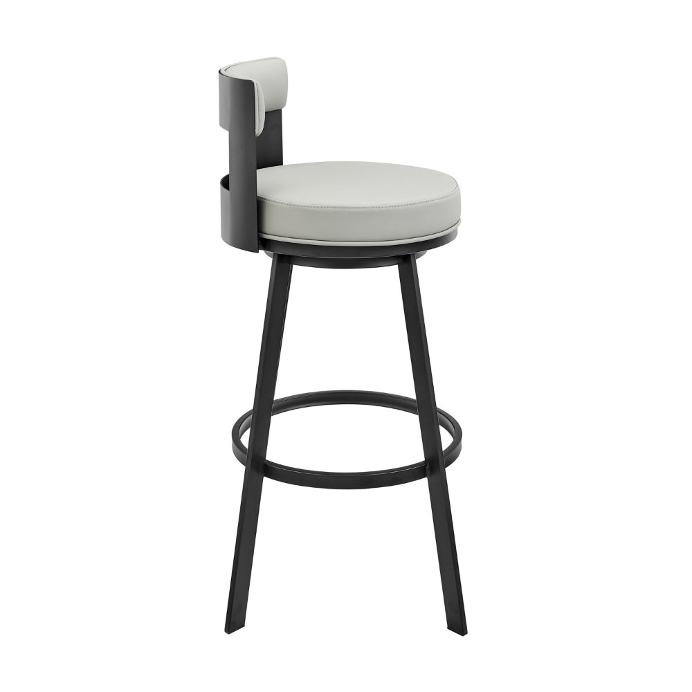 Ami 26 Inch Swivel Counter Stool Chair, Gray Faux Leather, Black Metal - BM313664