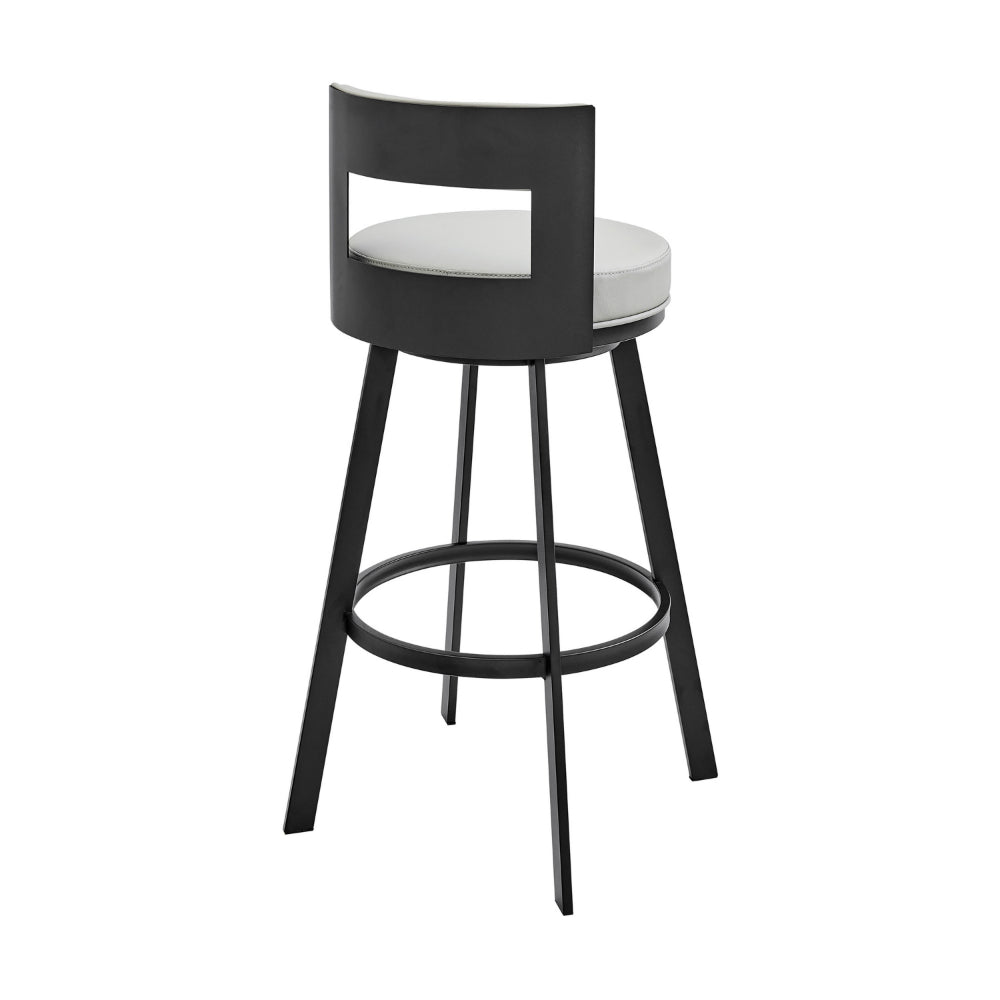 Ami 26 Inch Swivel Counter Stool Chair, Gray Faux Leather, Black Metal - BM313664