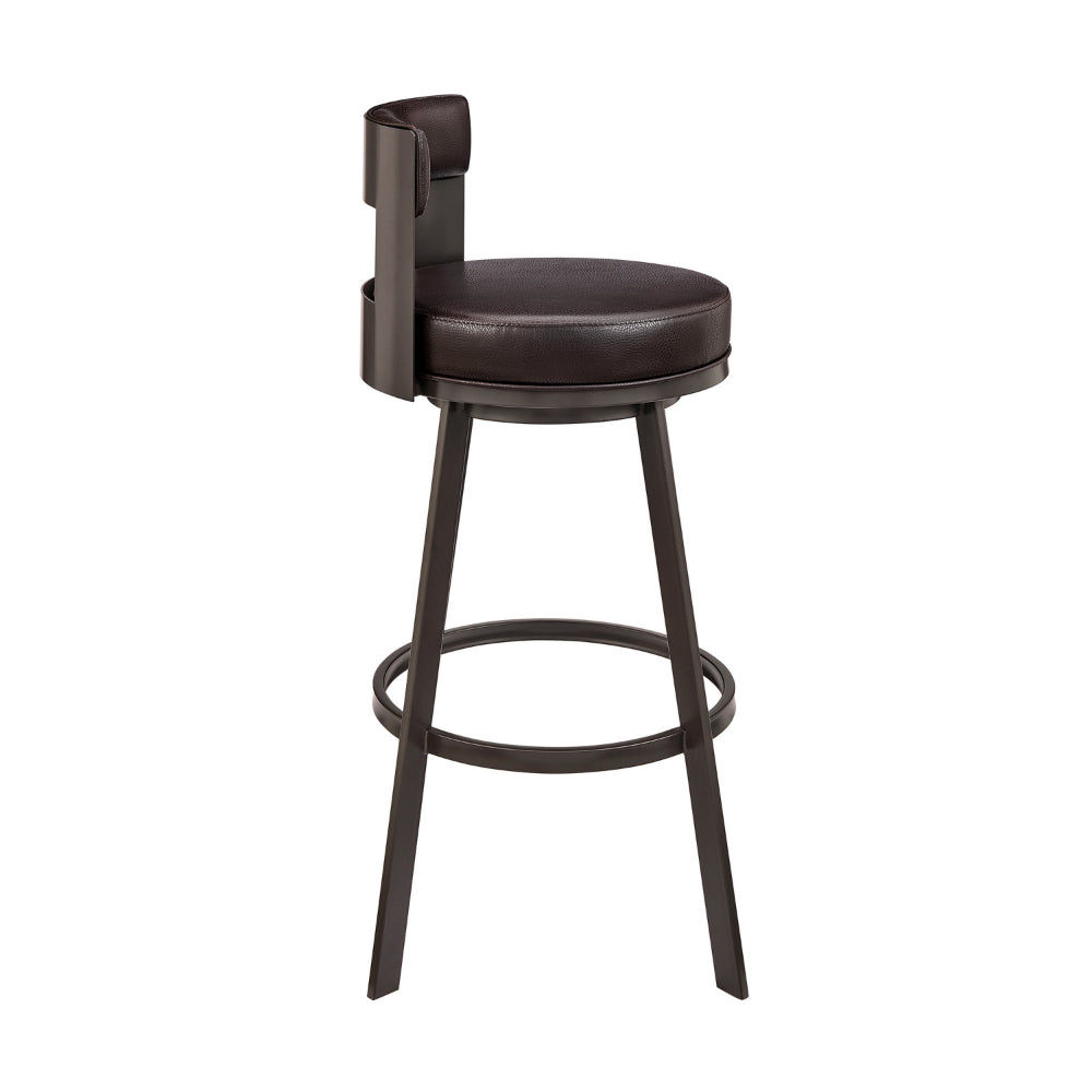 Ami 26 Inch Swivel Counter Stool Chair, Curved Open Back Brown Faux Leather - BM313665