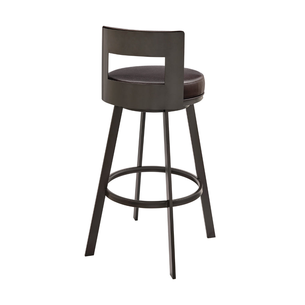 Ami 26 Inch Swivel Counter Stool Chair, Curved Open Back Brown Faux Leather - BM313665