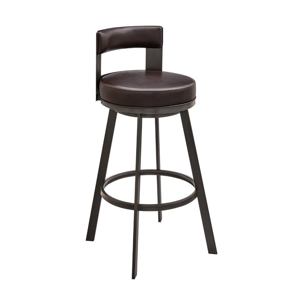 Ami 26 Inch Swivel Counter Stool Chair, Curved Open Back Brown Faux Leather - BM313665