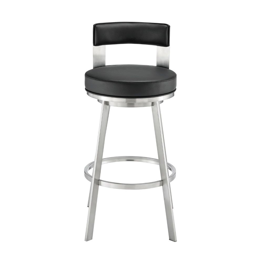 Ami 26 Inch Swivel Counter Stool Chair, Black Faux Leather, Stainless Steel - BM313666