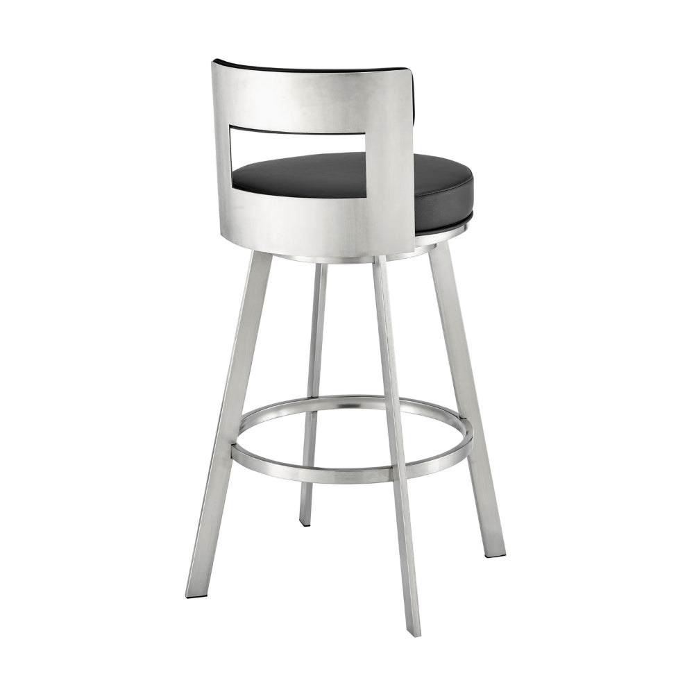 Ami 26 Inch Swivel Counter Stool Chair, Black Faux Leather, Stainless Steel - BM313666