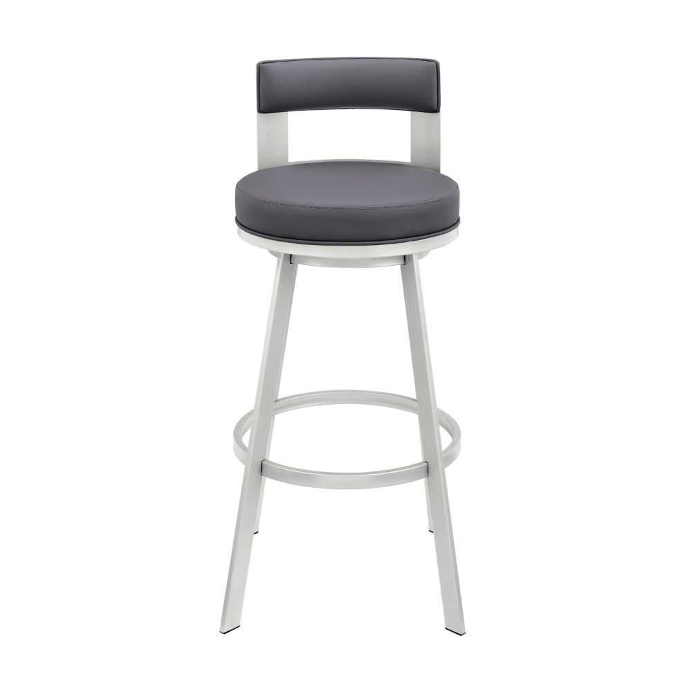 Ami 26 Inch Swivel Counter Stool Chair, Gray Faux Leather, Chrome Iron - BM313668